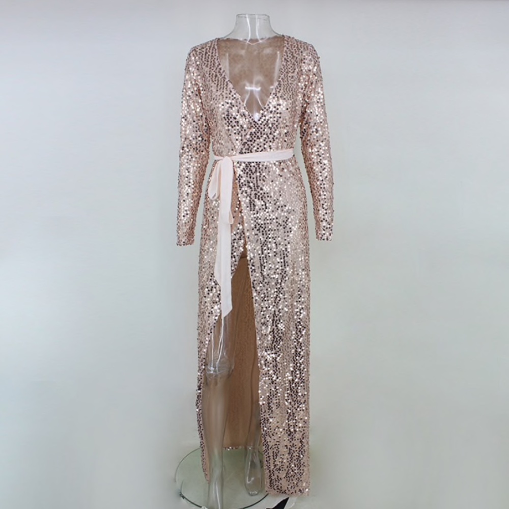 Pink Plunging V-Neck Sequin Wrap Belted Maxi Dress - Picture 8 of 13